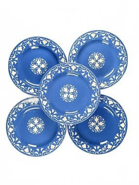 Set of 5 Antique Opaque de Sarreguemines Blue Cream Relief Plates France 1880s